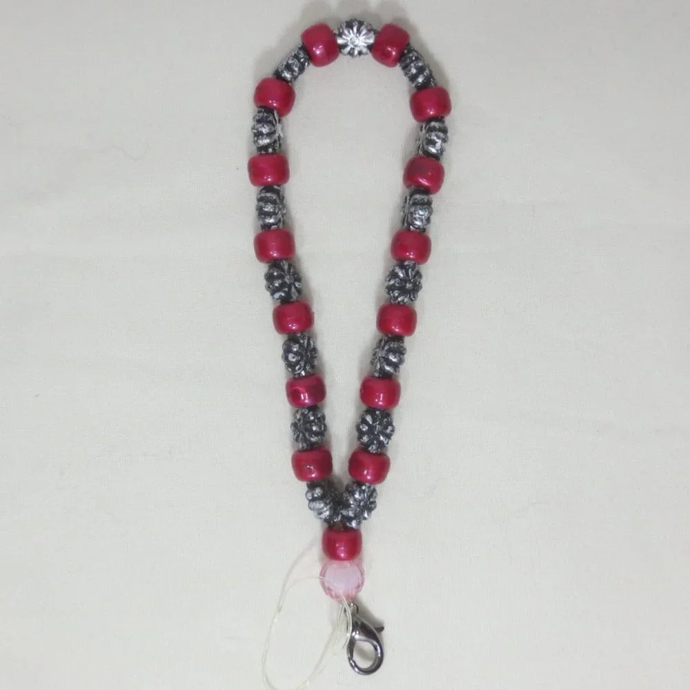 Handmade Stretch Bracelet Red and Silver Beaded Phone Charm Accessory Lanyard